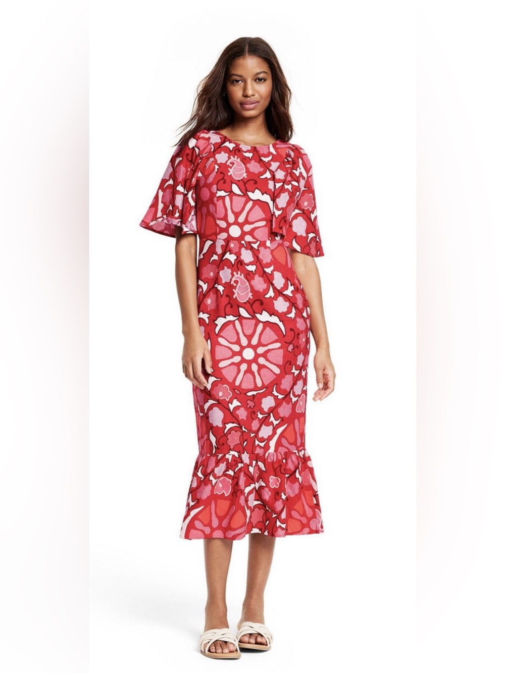 NEW RHODE x TARGET Zinnia Print Red Floral Linen Blend Midi Dress Size 10